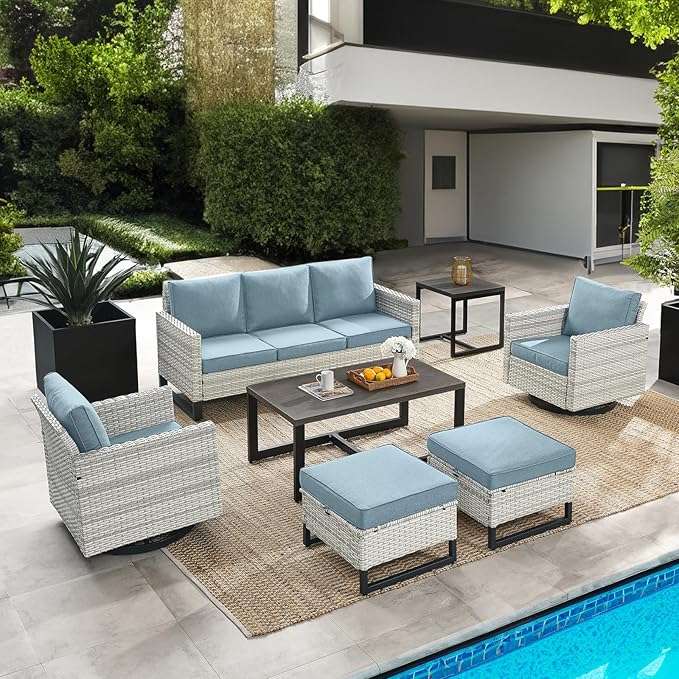 HUMMUH 7 Piece Patio Furniture Set Outdoor Sectional Sofa,High Back Patio Swivel Glider Chairs with Ottomans Coffee Table for Porch,Garden,Backyard…