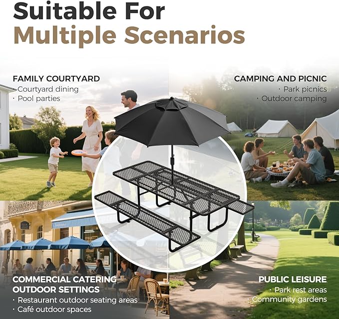 Rueekfil 72" Coated Picnic Table with Umbrella Hole, Heavy Duty Commercial Picnic Table for Outdoors, Family & Party Ready for School Camping, Rectangular, Black