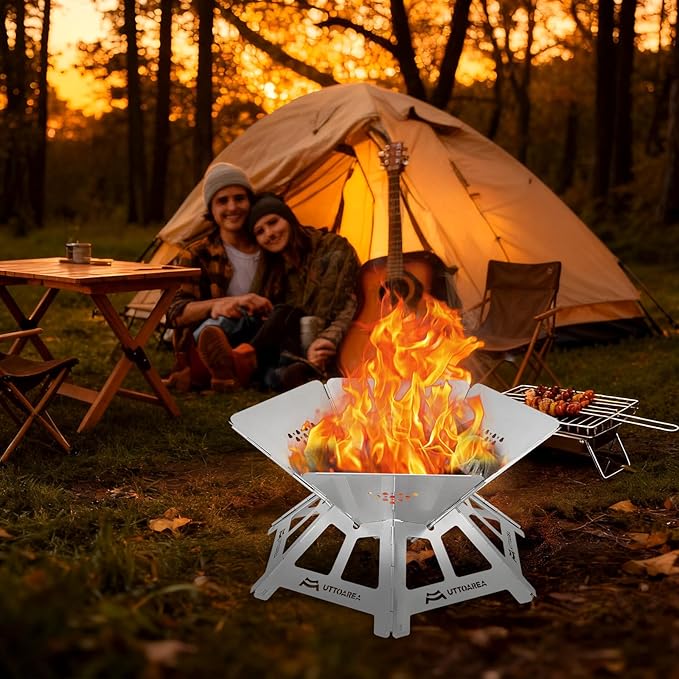 21" Portable Outdoor Fire Pit, Stainless Steel Portable & Collapsible Fire Pit with Charcoal Grill Net & Storage Bag,Wood-Burning for Patio, Backyard BBQ, Camping & Beach Bonfires