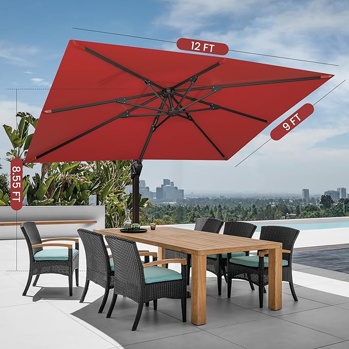 9' X 12' Cantilever Patio Umbrella Rectangular Outdoor Large Offset Umbrellas with 7 Tilts Adjustable 360°Rotation for Deck Pool Garden Backyard, Red