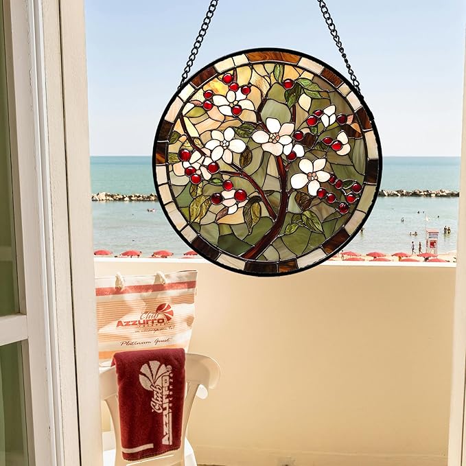 CRIS GIF Stained Glass Window Hanging - Hawthorn Tree Birth Flowers Suncatcher for Doors Garden Patio Sun Catchers Decor Christmas Mother's Day Birthday Gifts for Women Men Mom Nana Friend 7.8 in