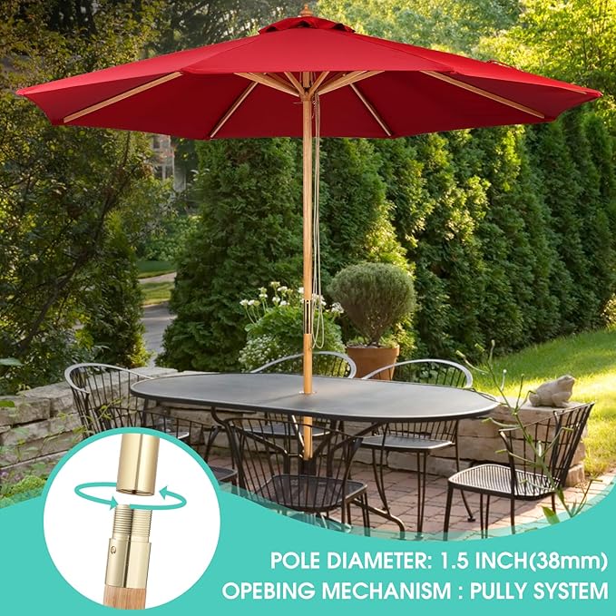 9ft Bamboo Umbrella, Outdoor Patio Umbrella, Waterproof Market Umbrella, 8 Ribs Table Umbrella with Pulley Lift for Garden, Deck, Pool, lawn, Backyard
