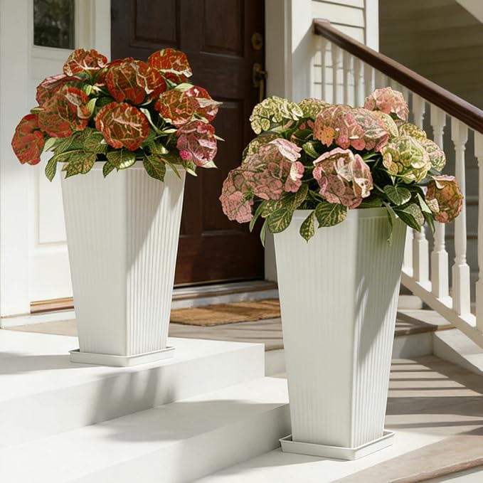 Square Tall Planters for Outdoor Plants Set of 2-23.6" Modern Tapered Indoor Flower Pots with Drainage Holes/Partition/Tray, Large Outdoor Planters for Porch Patio Garden Front Porch, White