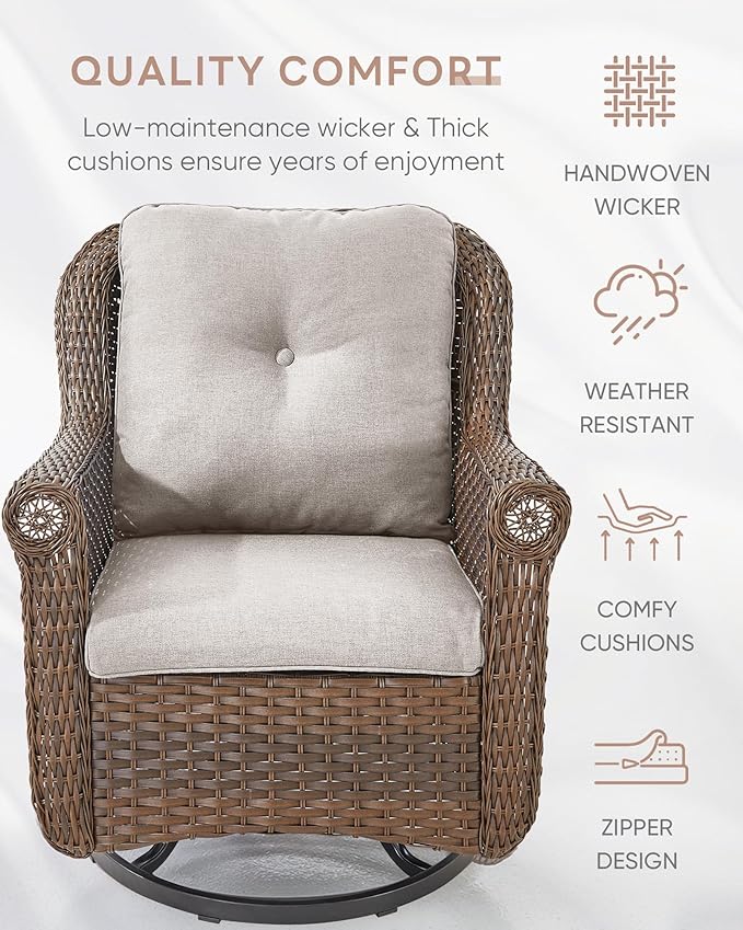 Patio Chairs Outdoor Swivel Glider - Set of 4 High Back Outside Brown Wicker Rattan Rocking Chair with Thick Cushion for Porch Apartment Deck Yard Poolside Garden - Beige