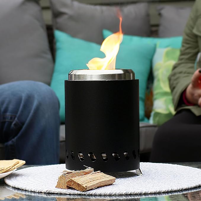 Sunnydaze Tabletop Smokeless Fire Pit with Foldable Legs, Storage Bag, and Poker - Pellet or Wood Burning Portable Fire Pit for Camping - 8-Inch H - Black