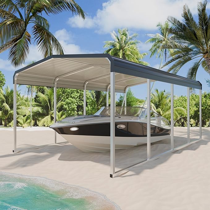 Heavy Duty Metal Carport Kits with Galvanized Steel Roof and Frame, Outdoor Carport Canopy Enhanced Base, Extra Large Car Tent Garage Shelter for Car, SUV, Truck and Boats (12x20 FT, Gray)