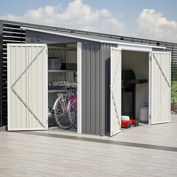 8x6 FT Metal Outdoor Storage Shed with Adjustable Side Door & Lockable Double Doors, Aluminum Frame, Waterproof Tool Shed with Floor Frame, Durable Garden Storage for Backyard & Patio