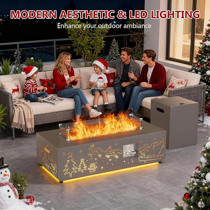 Dineli Propane Fire Pit Table 42 Inch Gas Fire Pits & Outdoor Fireplaces w LED, Tabletop Fire Pit Firepits for Outside Patio, 50,000 BTU (Gray, Christmas Pattern with Warmlight)