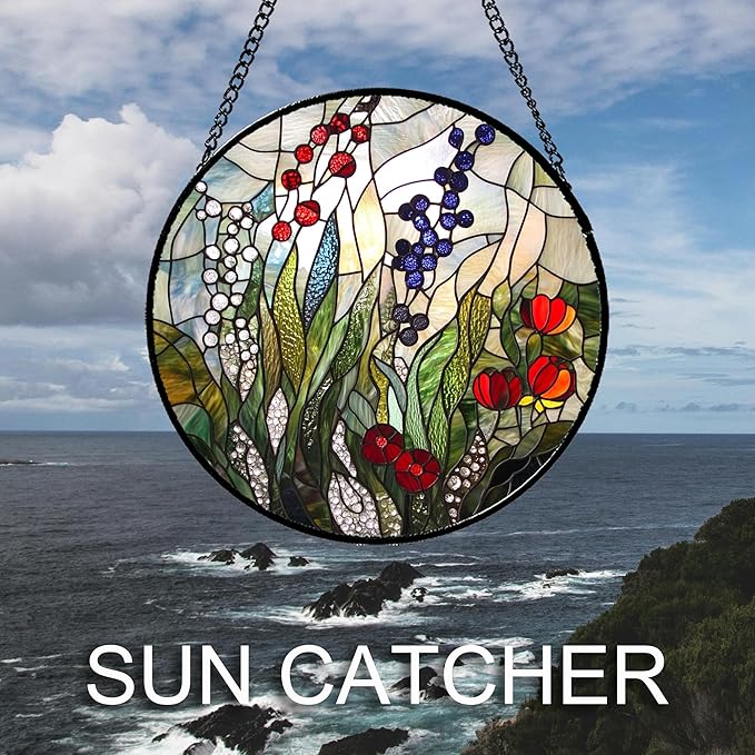 QZQCBLC Stained Glass Window Hanging Red Purple Flowers Berry Green Plants Large 11.8" - Suncatcher Door Garden Sun Catcher Home Decor Birthday Christmas for Mom Men Woman Friend