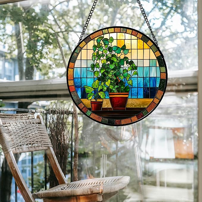 QZQCBLC Stained Glass Window Hanging Green Potted Plants 7.8" - Suncatcher Door Garden Sun Catcher Retro Home Decor Birthday Christmas for Mom Men Woman Nana Friend