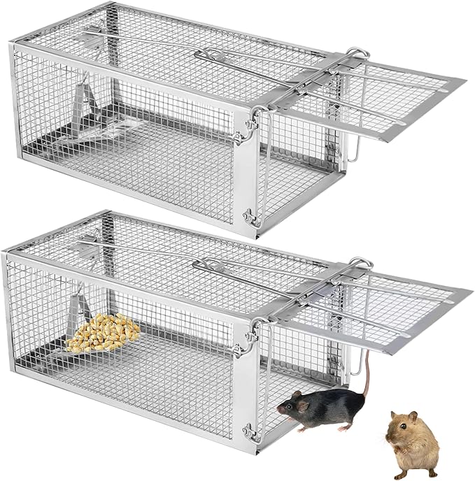 2 Pack Humane Rat Traps - Rodent Trap for Squirrel Mouse Mice, Live Rat Traps Catch and Release for Indoors and Outdoors-（10.6 * 5.5 * 4.7in）