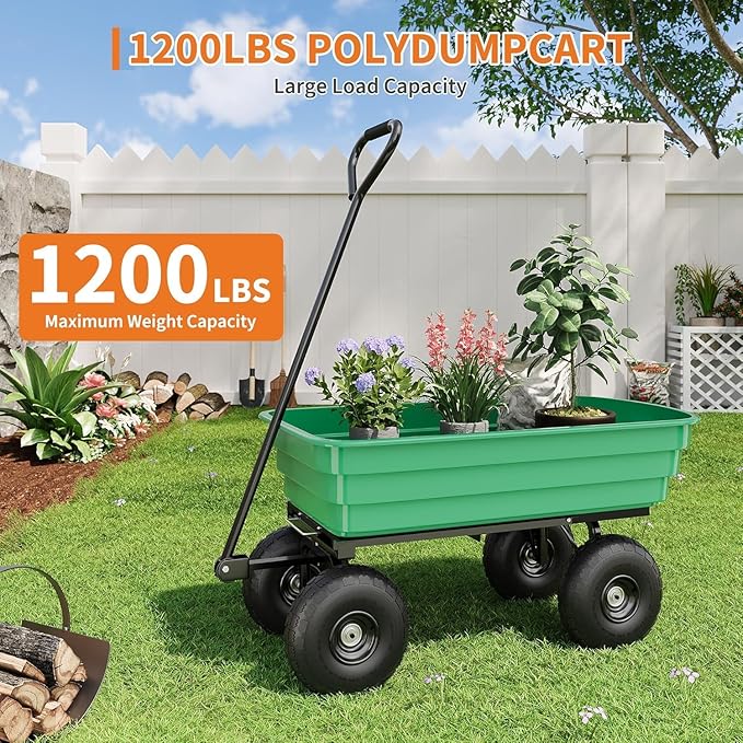 Heavy Duty Garden Dump Cart, 1200LB Yard Utility Cart with All-Terrain Wheels & Quick-Release, Gardening Cart