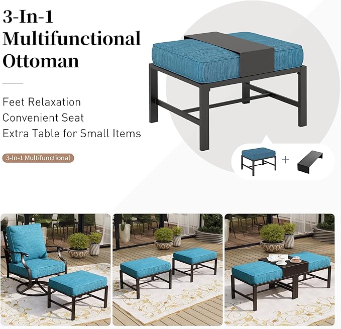 SUNSHINE VALLEY 6 Piece Metal Outdoor Patio Furniture Set with Firepit Table, Patio Conversation Set 3-seater Sofa, 2 Swivel Chair, 2 Ottoman with 5.75" Thick Cushion, Black Backyard Furniture, Blue-2