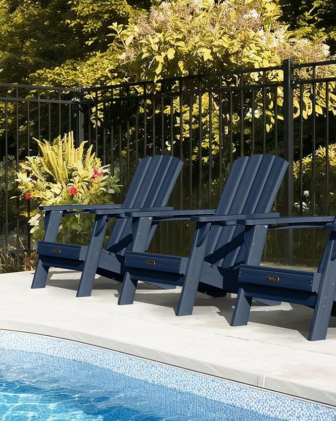 Folding Adirondack Chair 4 Pack, HDPE All-Weather Fire Pit Chairs, Plastic Adirondack Chairs with 2 Cup Holder, Outdoor Lawn Chair for Patio Garden (Navy Blue)
