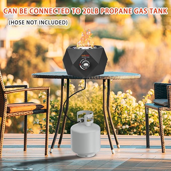 ONLYFIRE OUTDOOR LIVING Propane Gas Fire Pit Bottom-Mounted, 14" Portable Gas Firepit with Glass Stones for Table with Umbrella Hole for Outdoor Patio Camping Bonfire RV, #FP003