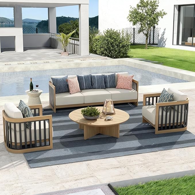 Ulax furniture Patio Aluminum Conversation Set, Sectional Sofa Set with Cushions, Round Table