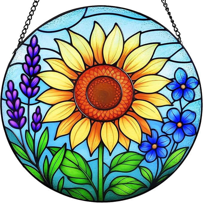 Sunflower Stained Glass Window Hanging – Round Sunflower Suncatcher for Window, Garden or Home Decor – Bright Floral Glass Panel Ornament (12 Inch)