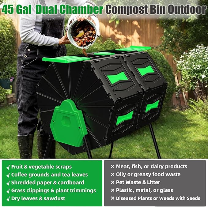 Compost Bin Outdoor, 45Gallon Dual Chamber Composter Large Composting Bin, 360° Rotating Compost Bin, BPA-Free Fast-Working Tumbling Compost Barrel, Kitchen Garden Composter Tumbler (Green)