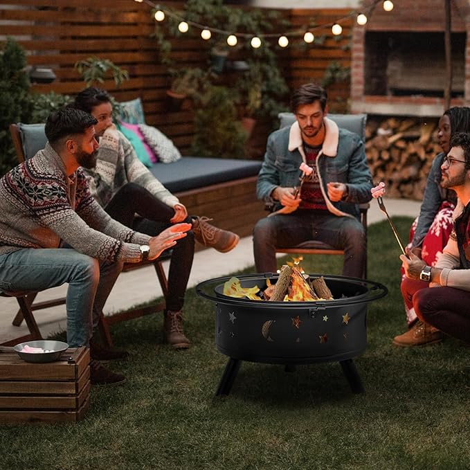 30 Inch Portable Fire Pit for Patio, Backyard, Garden, Fire Pits for Outside Wood Burning with Lid & Poker, Outdoor Firepit & Round Metal Firepit for Camping, Heating, Bonfire & Picnic