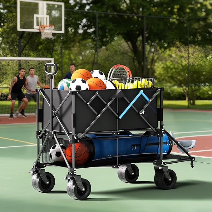 52" Heavy Duty Double Decker Wagon with Brakes,560LBS Double Decker Wagon Collapsible,650L Foldable Wagons Carts with All-Terrain Big Wheels for Sports,Camping,Fishing,Transport
