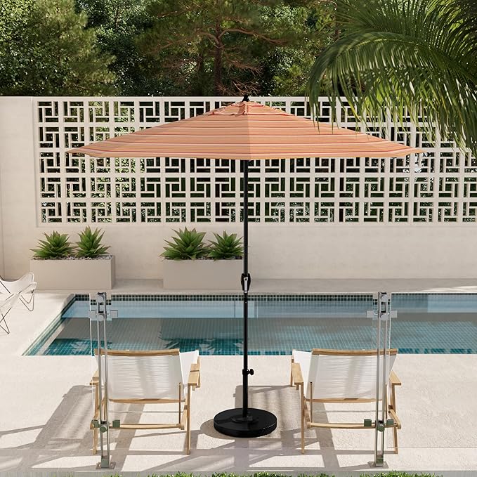 California Umbrella 9' Rd Aluminum Patio Umbrella, Crank Lift, Auto Tilt, Black Finish, Sunbrella Dolce Mango