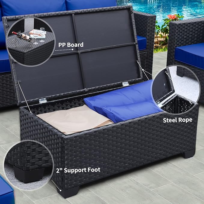 Rattaner 6 Pieces Patio Wicker Furniture Set Outdoor PE Rattan Conversation Couch Sectional Chair Sofa Set with Royal Blue Cushions