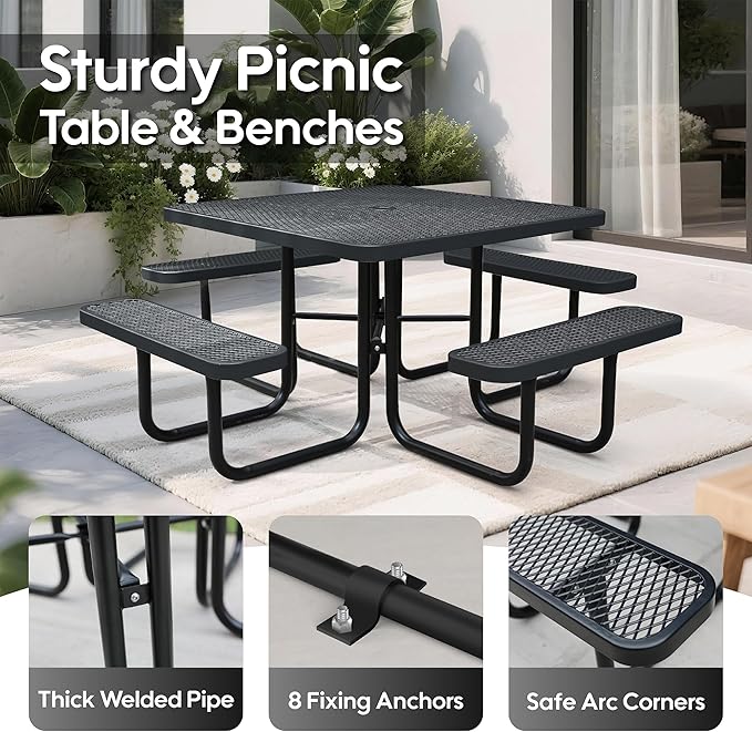 8-Person Outdoor Picnic Tables,46" Heavy-Duty Metal Square Picnic Table,Expanded Metal Commercial-Grade Table with 4 Benches & Umbrella Hole,Waterproof Coating Beach Table for Patio,Garden, Backyard