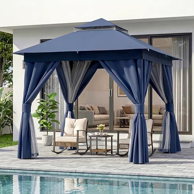 LAUSAINT HOME Gazebo 8x8ft, Heavy Duty Patio Gazebo with Expansion Bolts, Party Canopy Tent with Double Roofs, Mosquito Nettings and Privacy Screens for Backyard, Garden, Lawn, Navy Blue