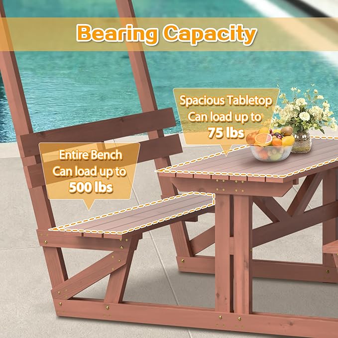 Rueekfil Outdoor Solid Wood Picnic Table with Bench Set & Removable Waterproof Canopy, All-Weather Commercial Camping Table for School, Patio Garden Deck Park Beach, Brown