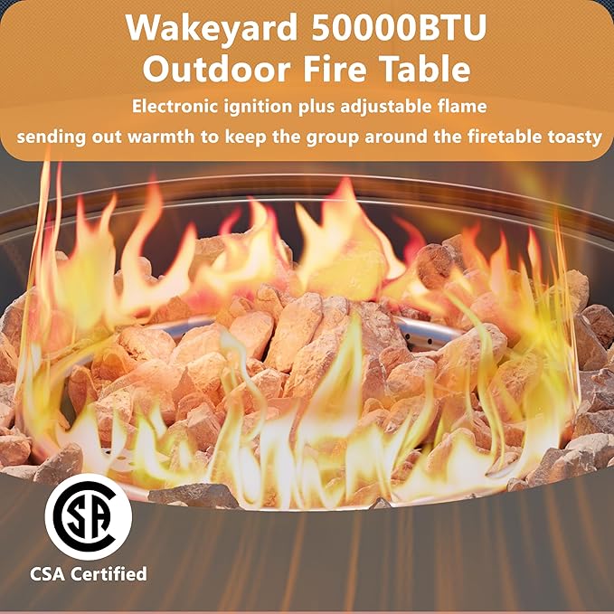 32 inch Round Propane Fire Table, 50,000 BTU Gas FirePit, Patio Fire Pit Table with Steel Lid, Rain Cover, 10ft Propane Hose, Lava Rocks, Black