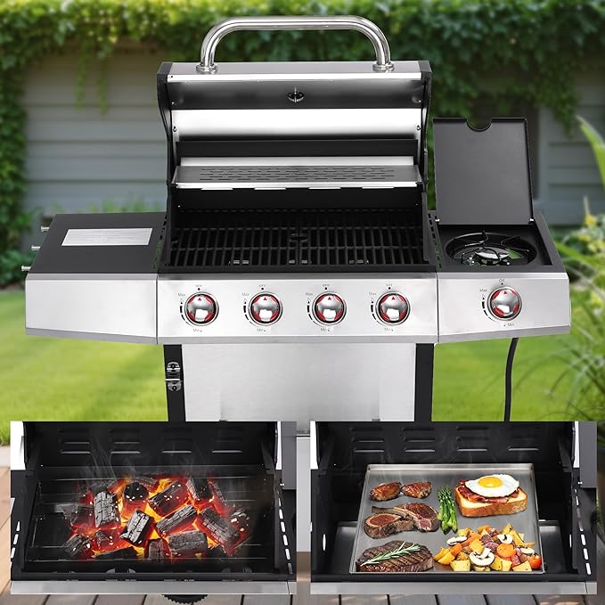 4 Burner Propane Gas Grill Combo w/Side Burner, 3-in-1 BBQ Grill with Charcoal Smoker & Griddle Plate, 46,650 BTU, 448 Sq.In. Stainless Steel Outdoor Cooking Station