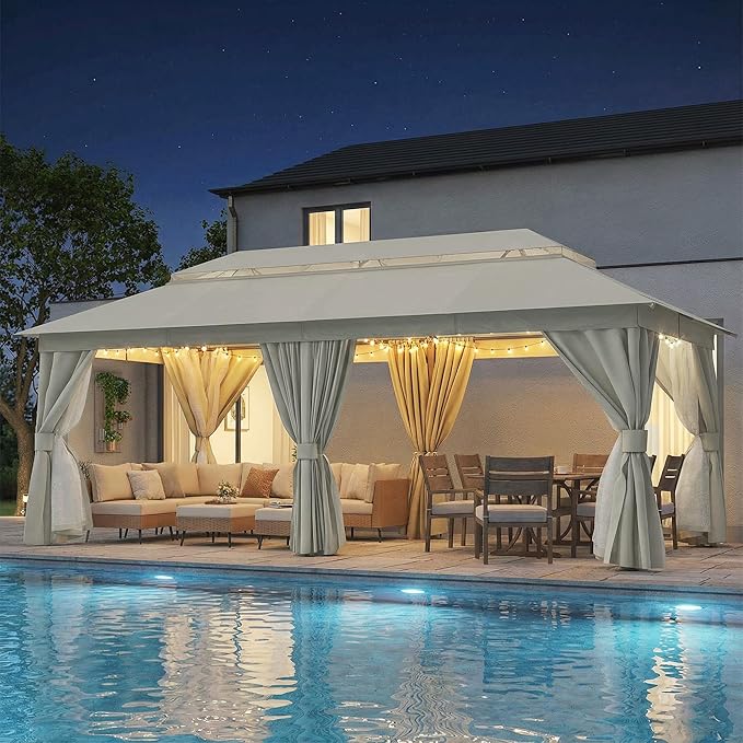 LAUSAINT HOME Outdoor Patio Gazebo 10'x20' with Expansion Bolts, Heavy Duty Party Tent & Shelter with Double Roofs, Mosquito Nettings and Privacy Screens for Backyard (Cream White)