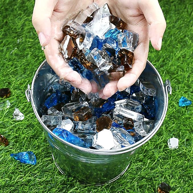 GRISUN Fire Glass Blended for Fire Pit, 1/2 Inch 10 Pounds High Luster Reflective Tempered Glass Rocks for Natural or Propane Fireplace, Safe for Outdoors and Indoors Fire Pit, Copper, Blue, White
