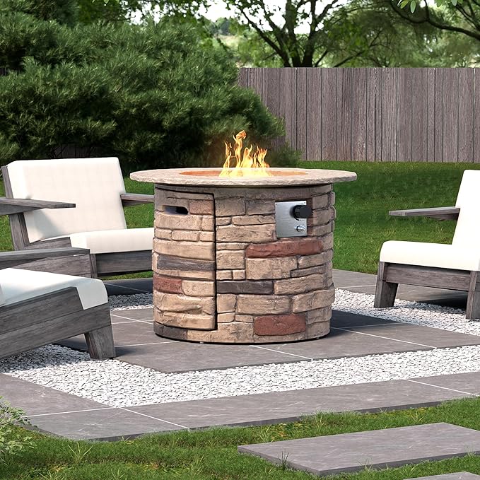 HOMPUS Outdoor Propane Fire Table, 32-inch Imitation Stone Concrete with Rain Cover and Lava Rocks - Smokeless, 40,000 BTU for Patio, Garden, Deck or Backyard