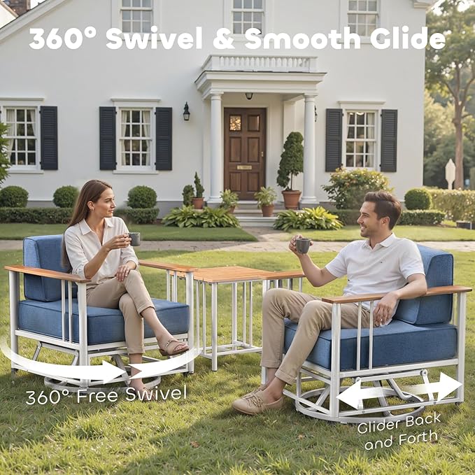 Luxury Swivel Patio Chairs with 6" Extra Thick Cushions, Outdoor Swivel Chairs with Side Table, Outdoor Patio Bistro Glider for Porch, Balcony, Deck, Patio, Yard, Poolside, White/Blue