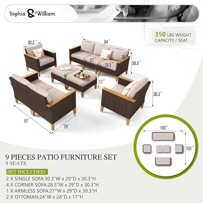 Sophia & William Wicker Patio Furniture Set, Outdoor Rattan Sectional Sofa 9 Piece Patio Conversation Set with 4 x Corner Sofa, 2 x Single Chairs, 1 x Armless Couch, 2 x Ottoman for Deck, Backyard