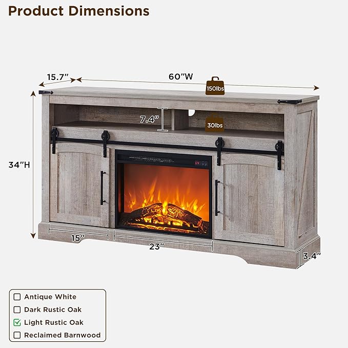 OKD Farmhouse Fireplace TV Stand for 70 Inch TV, 34" Tall Highboy Entertainment Center w/Electric Fireplace, Rustic Media Console w/Sliding Arched Door for Living Room,Light Rustic Oak