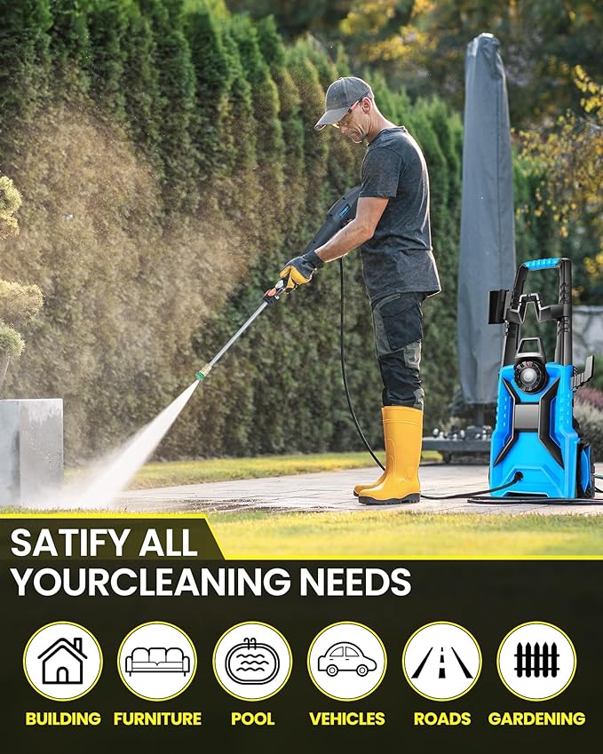 Pressure Cleaner High Power Cleaner with 33ft Pressure Hose, 4 Nozzle and 500ml Foam Cannon for Cars/Fences/Driveways/Patios/Home Cleaning (Navy Blue)