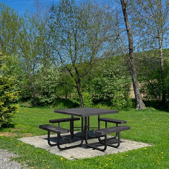 dafrigic 46" Square All Weather Resistant Commercial Picnic Table for Outdoors, Heavy Duty Picnic Table up to 4600 lbs with Umbrella Hole for School, Warehouse, Coffee Shop, Black