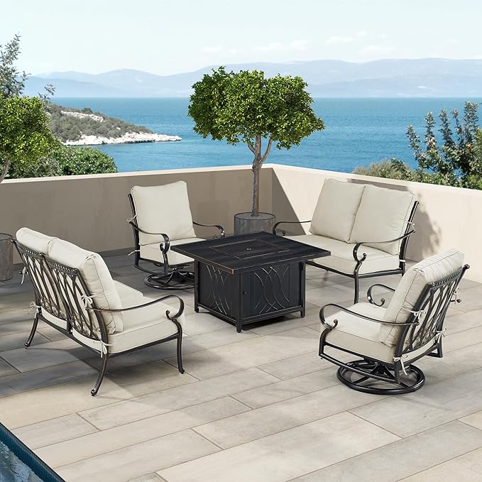 Oakland Living Black Aluminum Patio Fire Table Set with Two Deep Seating Loveseat, Two Club Chairs, Cushions and Wind Blocker