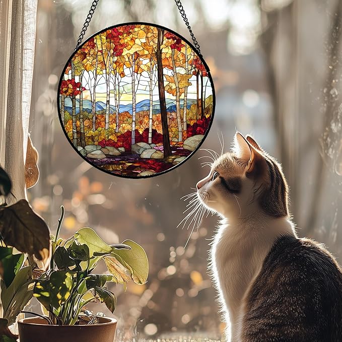 QZQCBLC Stained Glass Window Hanging Fall Birch Tree Forest Scenery 9.8" - Suncatcher Door Garden Sun Catcher Home Decor Birthday Christmas for Mom Men Woman Friend Nana