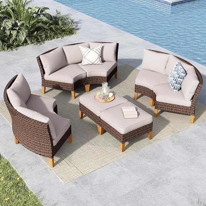 MFSTUDIO 8 Pieces Wicker Patio Furniture Set, All-Weather Rattan Outdoor Conversation Half-Moon Curved Sectional Sofa Set for Garden, Backyard, 3 x Curved Sofa, 2 x Ottomans