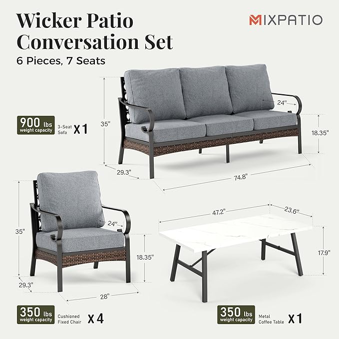 Patio Furniture Set with Coffee Table, Outdoor Conversation Set with 4 x Fixed Chairs, 1 x 3-Seat Sofa for Lawn Garden Backyard, Grey