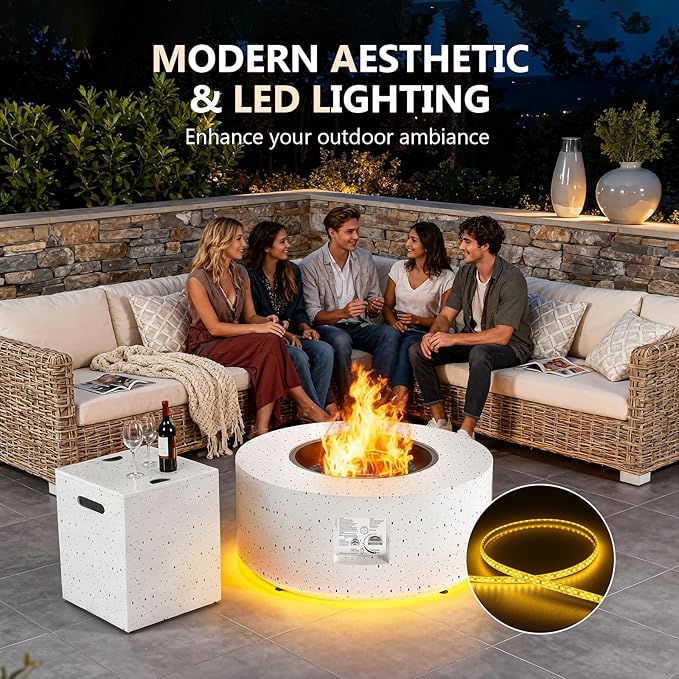 Dineli 2-Piece Outdoor Propane Fire Pit Table Set w Tank Table 30'' Round Fire Pit Table 2-in-1 Firepit Table for Outside Patio Gas Fire Pit w LED, 50,000 BTU, Speckled White with Warmlight