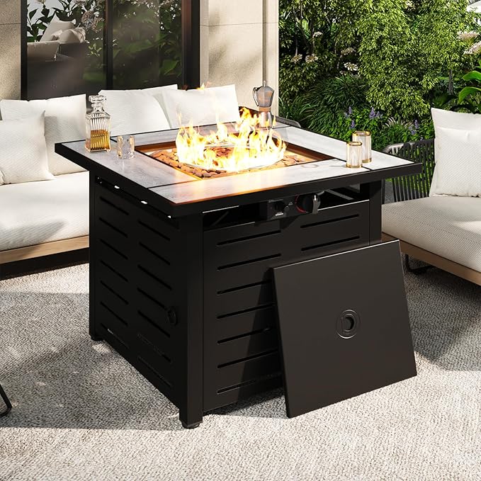 28" Outdoor Propane Fire Pit Table Ceramic Top & Lava Rocks,50000 BTU Square Patio Heater Waterproof Lid Gas Fire Pits for Outside Patio Black