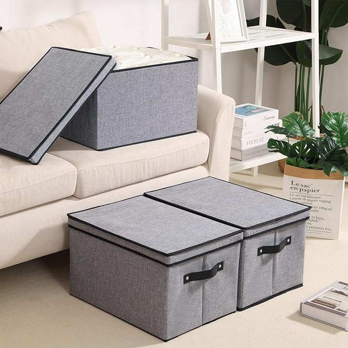 Storage Bin with Lid, Storage Box for Shoes Towels Books, Fabric Closet Organizer with Handles, Gray, 16.5 x 11.8 x 10.2 Inch, 1-Pack