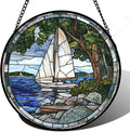 QZQCBLC Stained Glass Window Hanging Blue Ocean White Sailboat 9.8" - Nature Suncatcher Door Garden Sun Catcher Home Decor Birthday Christmas for Woman Mom Men Friend Nana