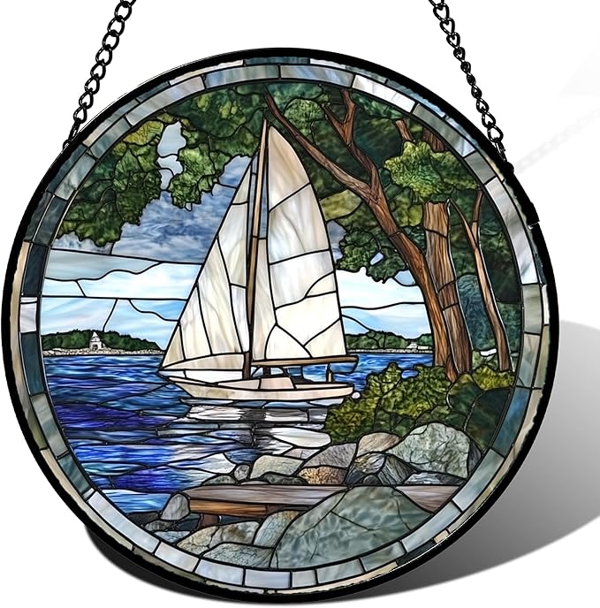 QZQCBLC Stained Glass Window Hanging Blue Ocean White Sailboat Large 15" - Nature Suncatcher Door Garden Sun Catcher Home Decor Birthday Christmas for Woman Mom Men Friend Nana