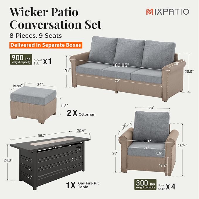 Patio Furniture Set 8 pcs, Wicker Outdoor Patio Furniture, 3-Seat Sofa, 4 Single Chairs, 2 Ottomans and 56" Gas Fire Pit Table, Rattan Patio Conversation Set for Backyard Deck, Grey