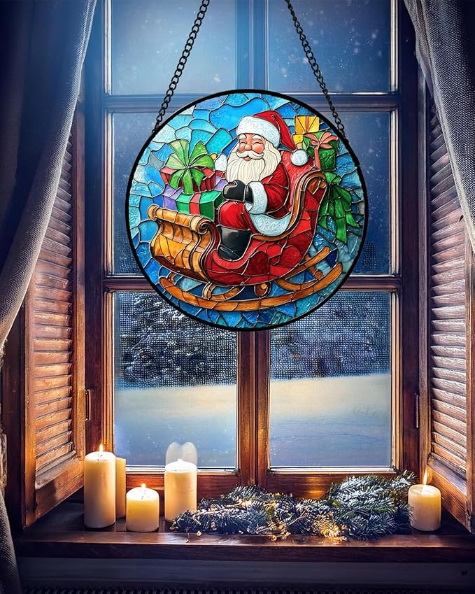 DASTOLL Stained Glass Window Hanging - Red Santa Claus Gift Box Suncatcher for Doors Home Christmas Decoration Winter Sun Catcher Thanksgiving New Year Birthday Gift for Women Men Mom Nana 11.8 in